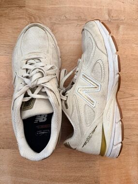 New Balance Cream Suede 990 Sneakers with Gold Accents